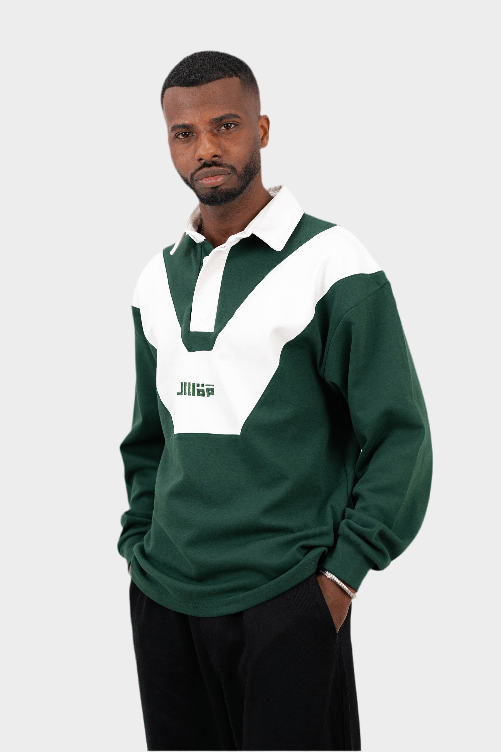 Rugby Long Sleeve Polo - Green/Ecru
