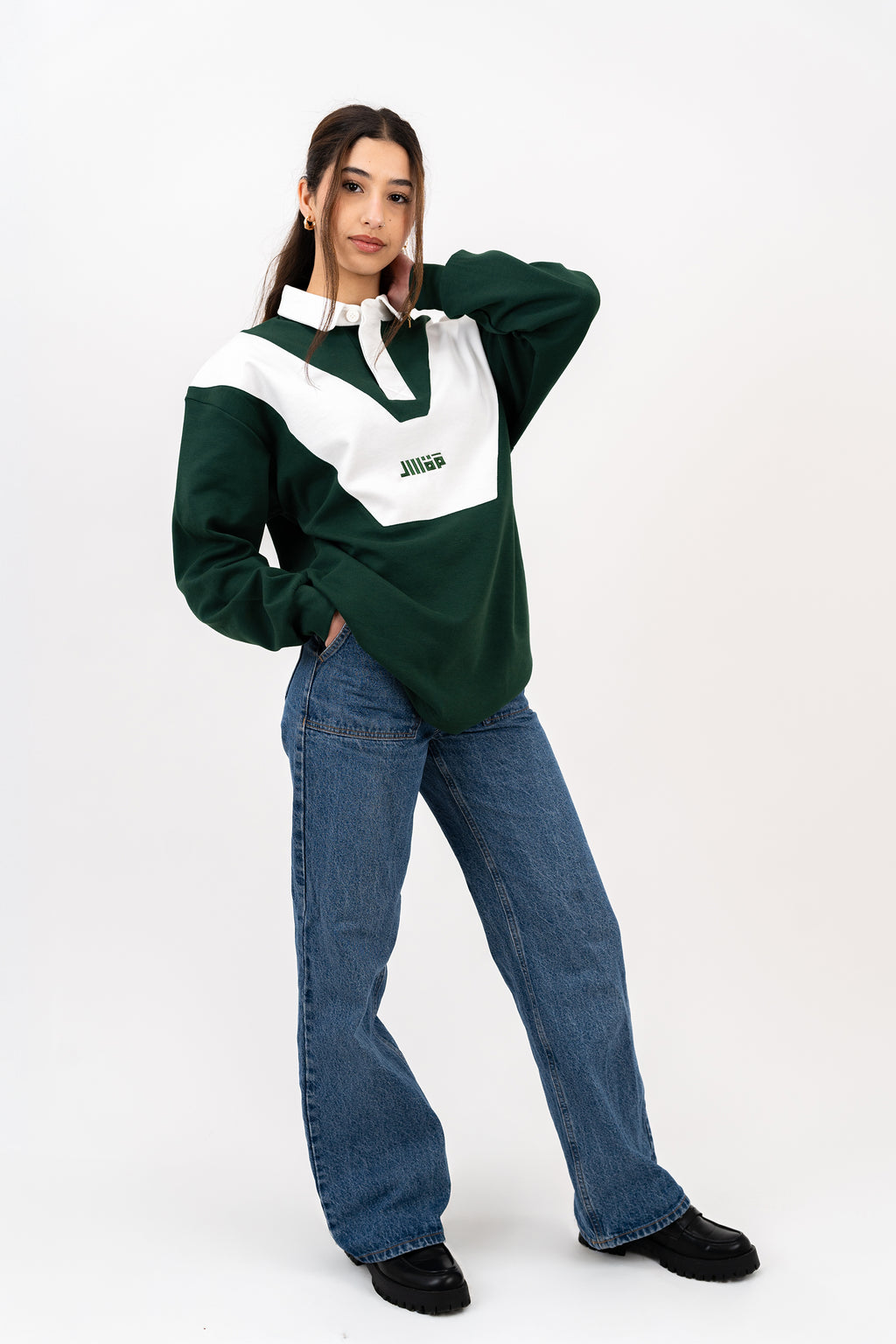 Rugby Long Sleeve Polo - Green/Ecru