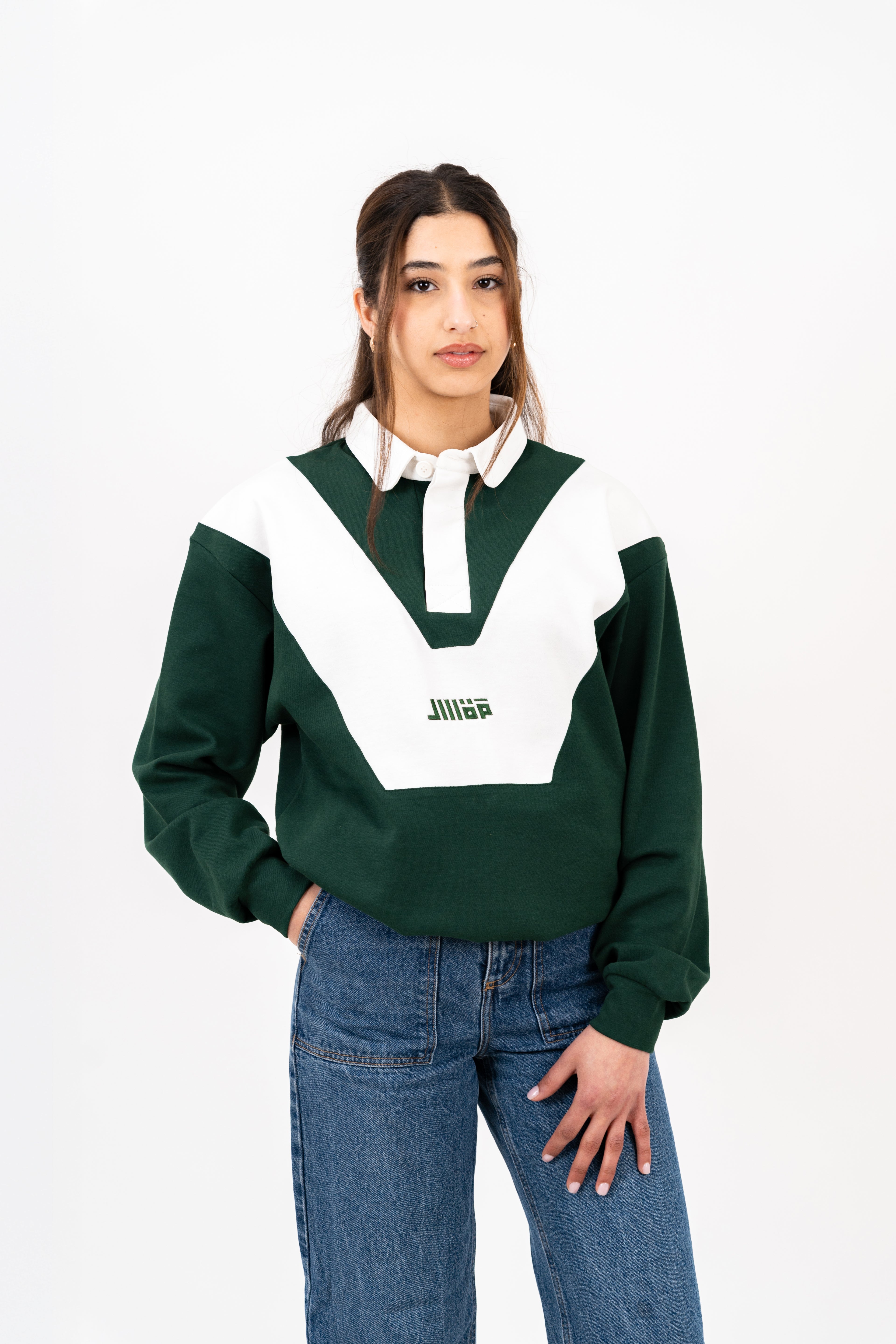 Rugby Long Sleeve Polo - Green/Ecru