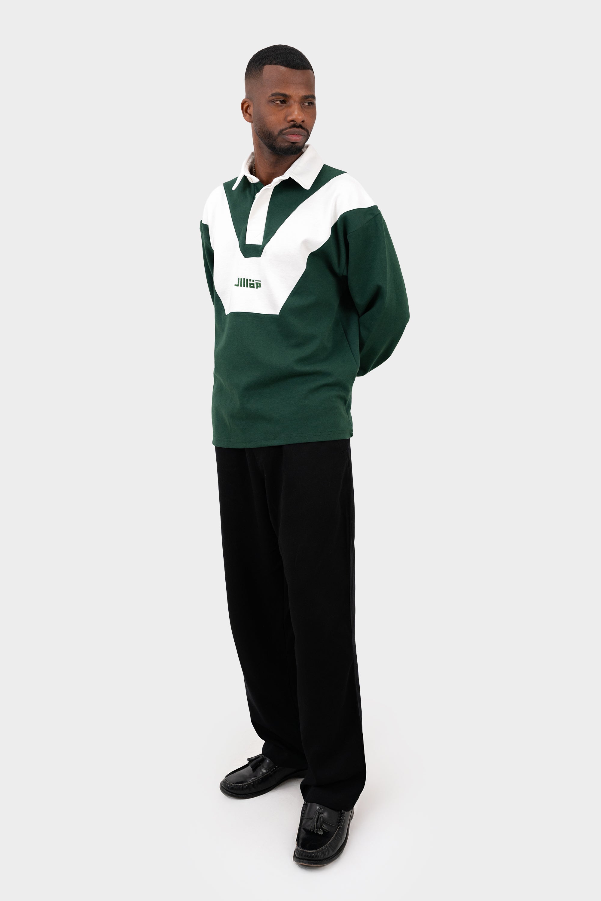 Rugby Long Sleeve Polo - Green/Ecru