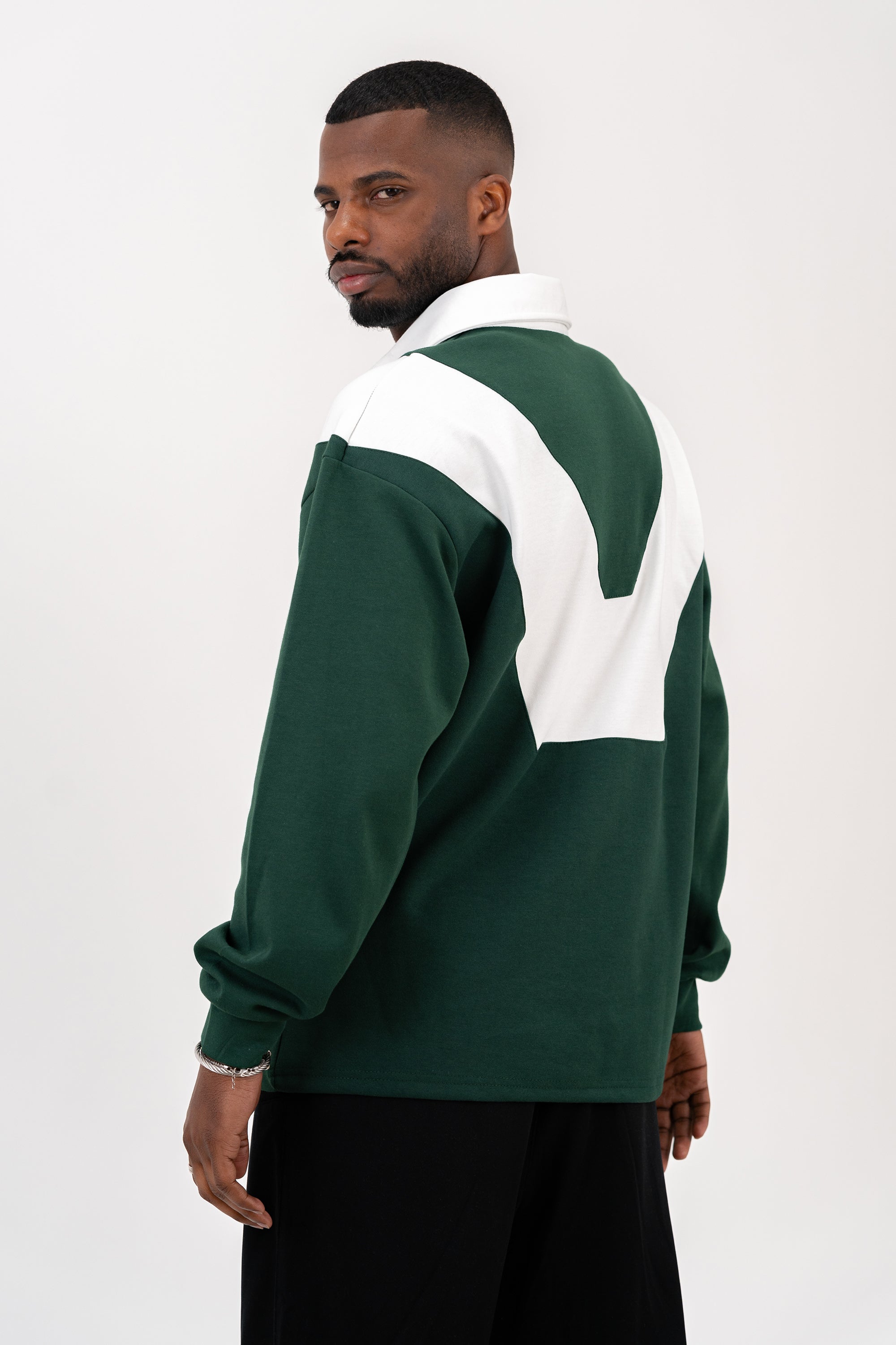 Rugby Long Sleeve Polo - Green/Ecru