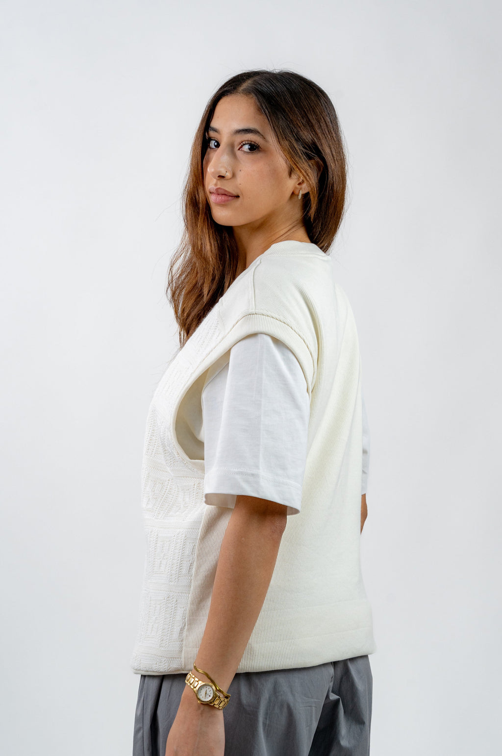 Two-Textured Vest - Ecru