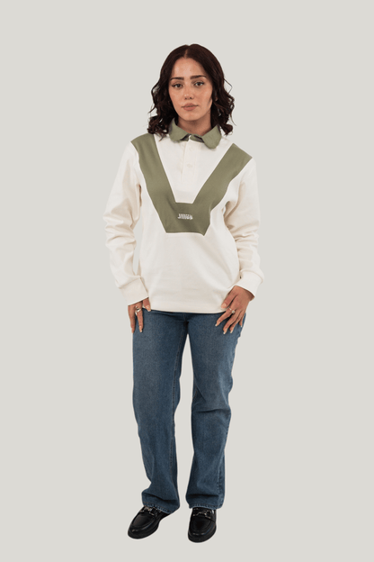 Rugby Long Sleeve Shirt - Ecru/Olive Green