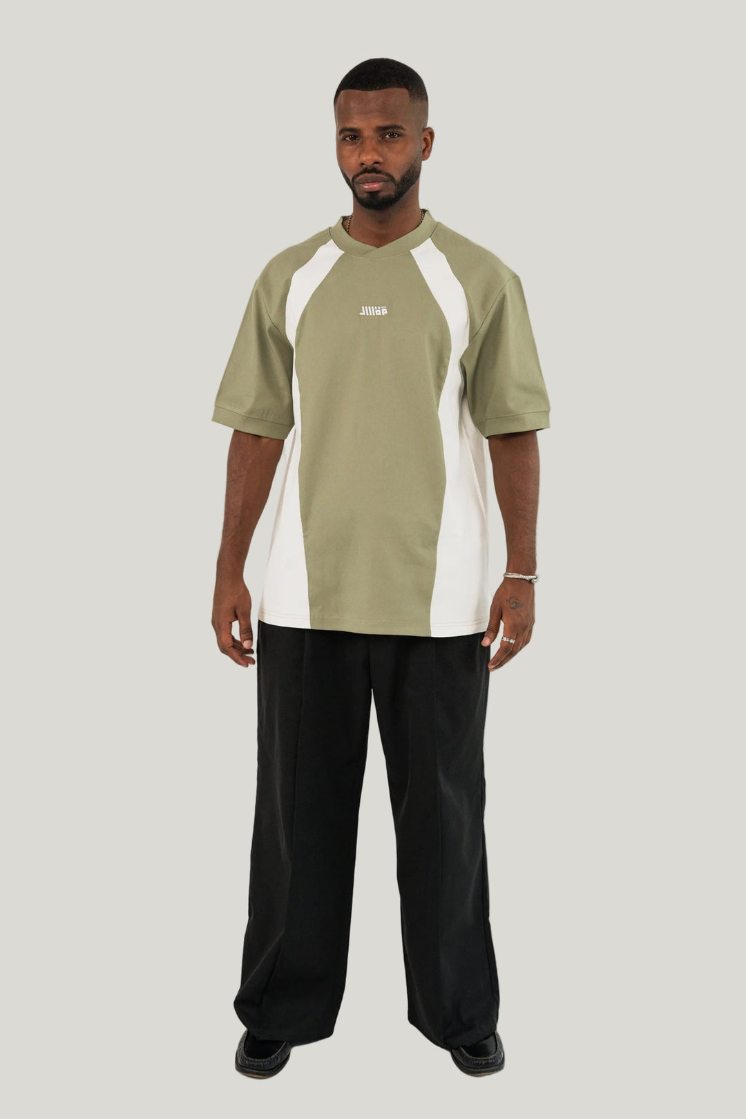 Cross-over T-Shirt - Olive Green/Ecru
