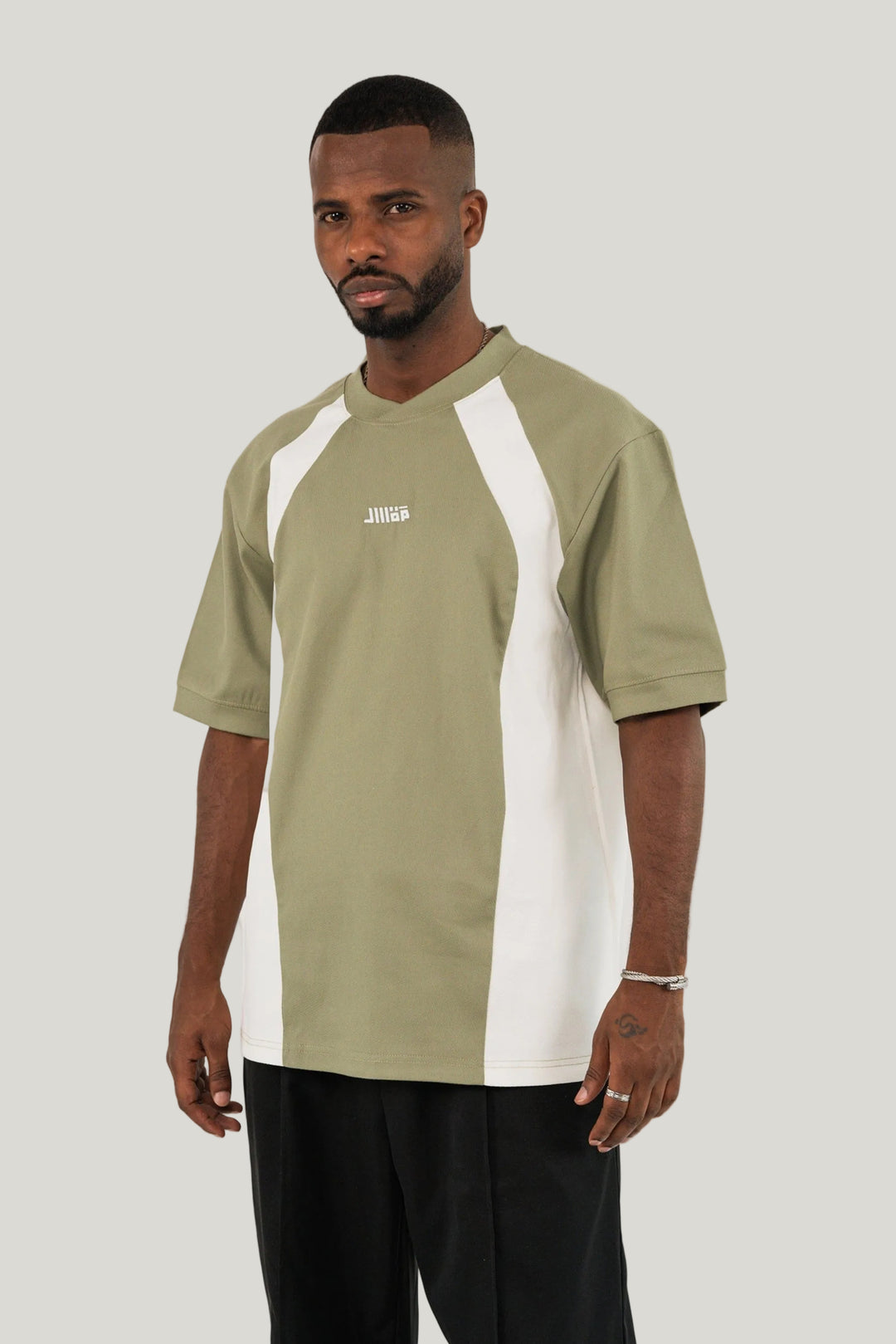 Cross-over T-Shirt - Olive Green/Ecru