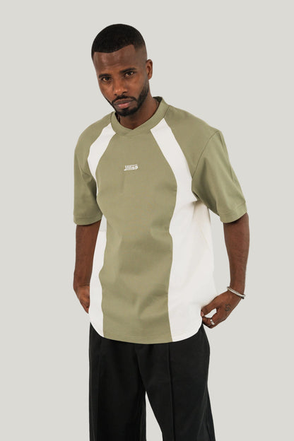 Cross-over T-Shirt - Olive Green/Ecru