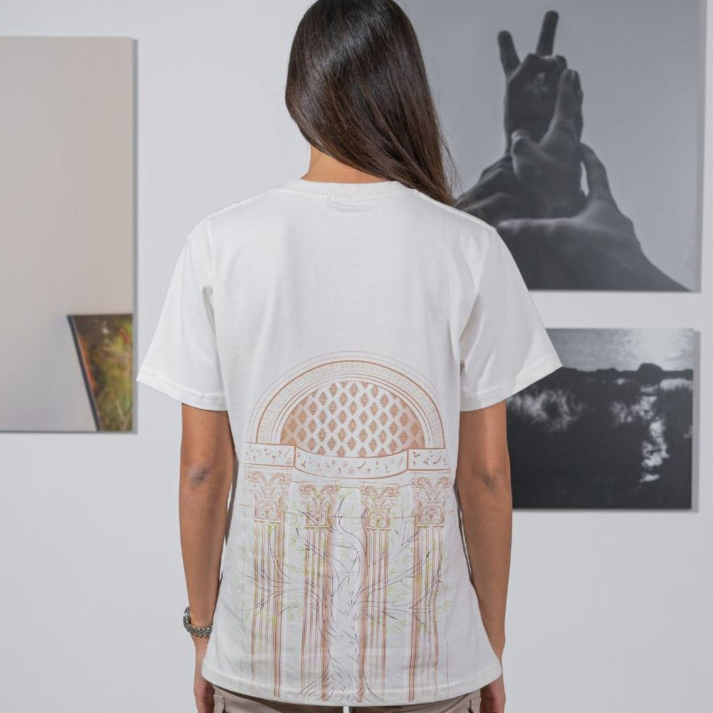 MQAAAR Four Columned Arch White T-Shirt for Women: Inspired by Palestine & Arab Culture, and Western Architecture